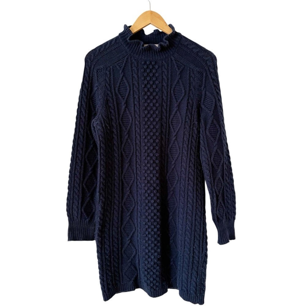 J Crew Cable Knit Mini Sweater Dress Medium Navy Blue Ruffle Preppy Old Money